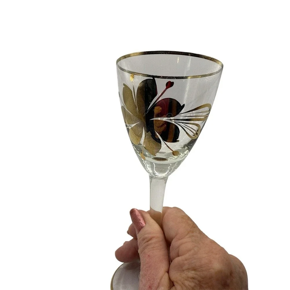 NOS PAINTED GOLD FLORA SMOKEY HUNGARY COLORED APERTIF/CORDIAL STEMMED GLASSWARE
